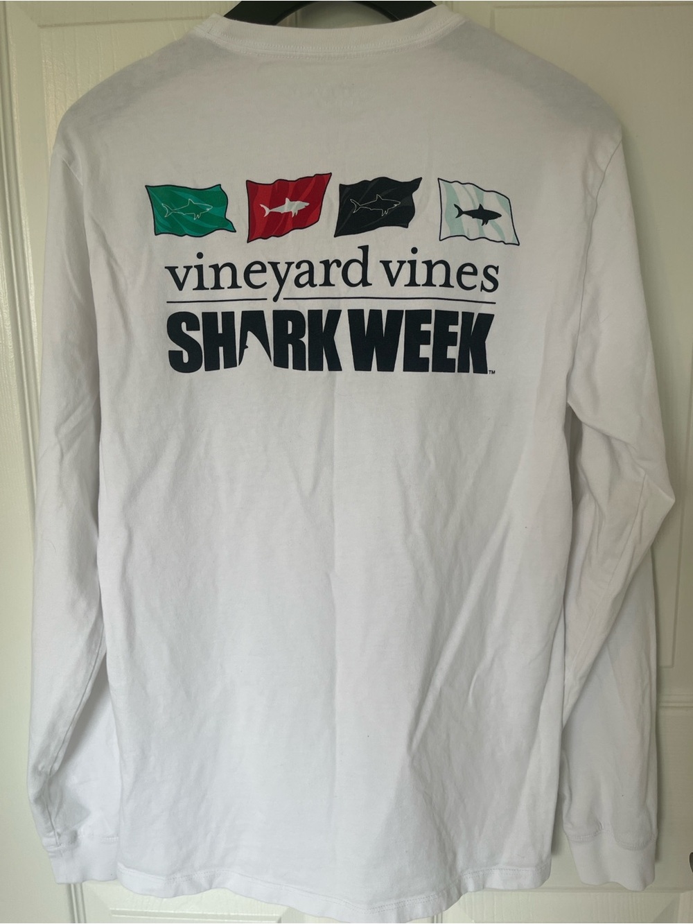 Vineyard Vines White Long-Sleeve Pocket Tee Shark Week Cotton Coastal Nautical